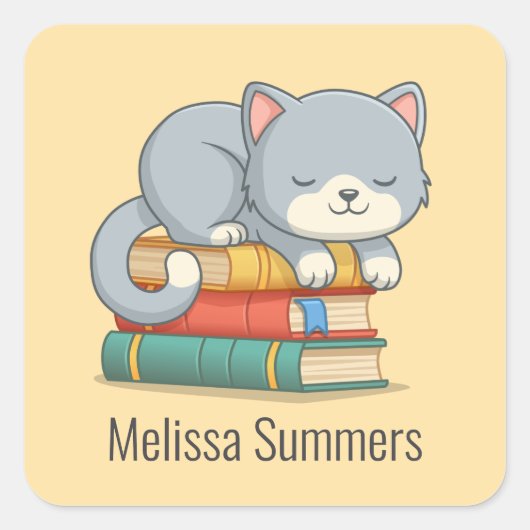 Happy Cat Book Stack Custom Name Bookplate Yellow Vierkante Sticker (Voorkant)