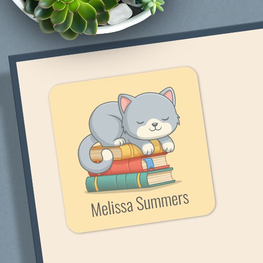 Happy Cat Book Stack Custom Name Bookplate Yellow Vierkante Sticker