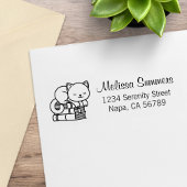 Happy Cat bovenop Stack of Books Address Rubberstempel