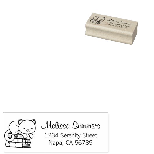Happy Cat bovenop Stack of Books Address Rubberstempel (Gestempeld)