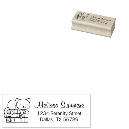 Happy Cat bovenop Stack of Books Address Rubberstempel (Gestempeld)