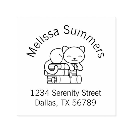 Happy Cat bovenop Stack of Books Address Zelfinktende Stempel (Design)