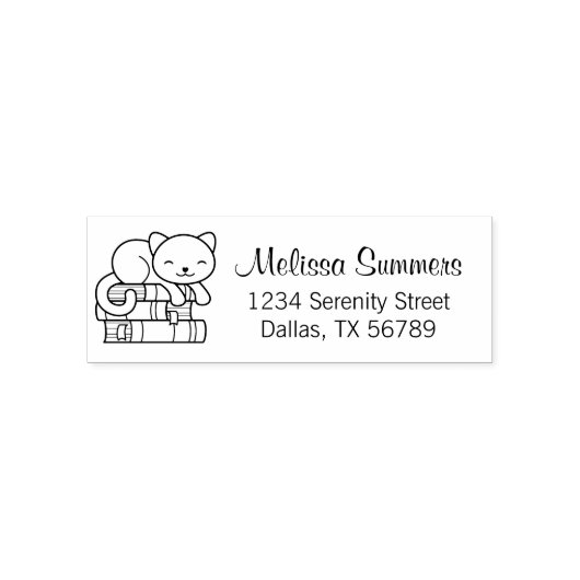 Happy Cat bovenop Stack of Books Address Zelfinktende Stempel (Design)