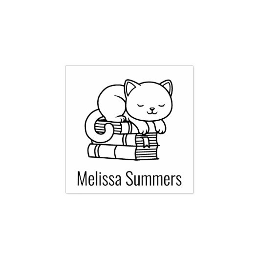 Happy Cat bovenop Stack of Books Bookplate 1x1 Rubberstempel (Afrduk)