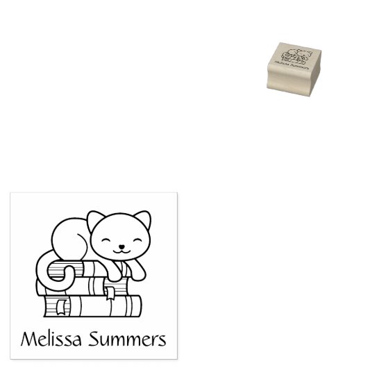 Happy Cat bovenop Stack of Books Bookplate 1x1 Rubberstempel (Gestempeld)