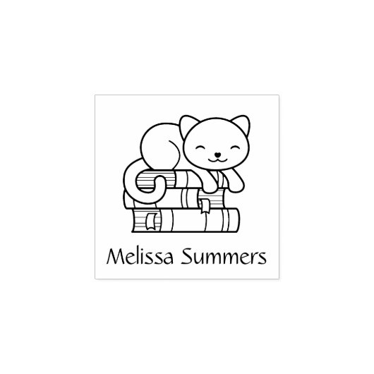 Happy Cat bovenop Stack of Books Bookplate 1x1 Rubberstempel (Afrduk)