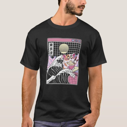 Happy Cat Eating Ramen Surfing Kanagawa Wave Anime T-shirt (Voorkant)