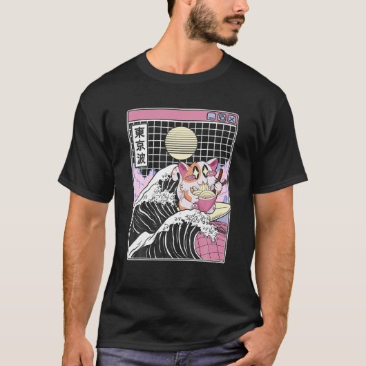 Happy Cat Eating Ramen Surfing Kanagawa Wave Anime T-shirt (Voorkant)
