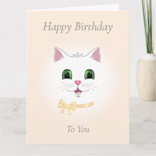 Happy Cat Face on Light Beige Birthday Kaart