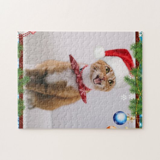 Happy cat in het rode kerstpet legpuzzel (Horizontaal)