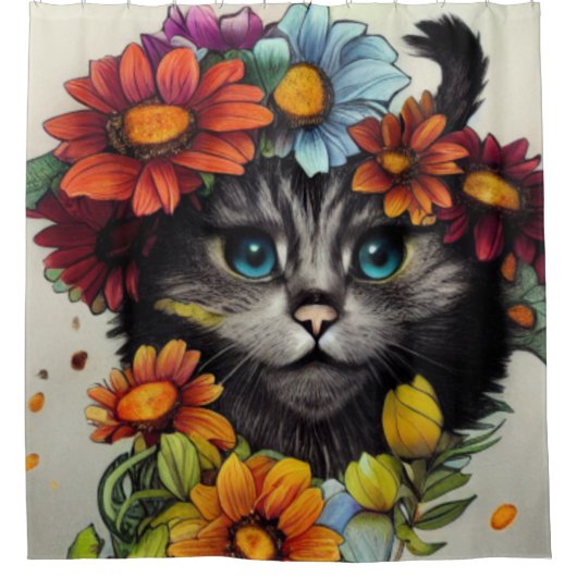 Happy Cat met blauwe ogen omringd door bloemen Douchegordijn (Voorkant)
