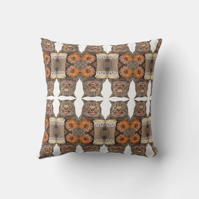 Happy Cat met Doughnoten en koffie - Kat / Kitten Kussen (Achterkant)