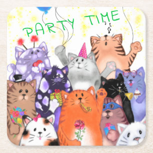 Happy Cat Party Cartoon Tekening - Cute Funny Cats Kartonnen Onderzetters