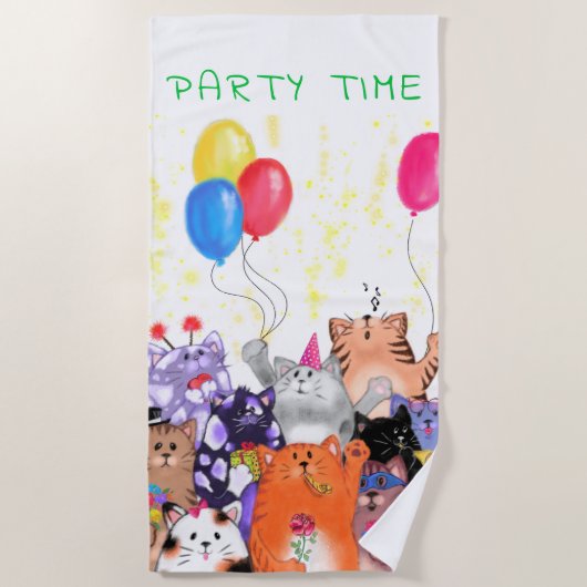 Happy Cat Party Cartoon Tekening - Cute Funny Cats Strandlaken (Voorkant)
