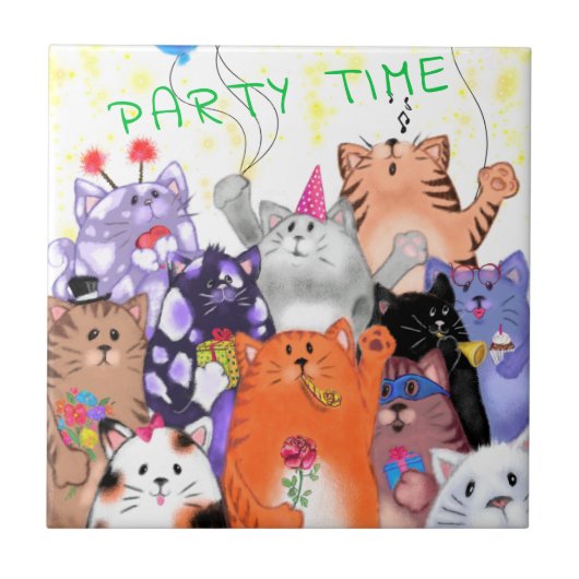 Happy Cat Party Cartoon Tekening - Cute Funny Cats Tegeltje (Voorkant)