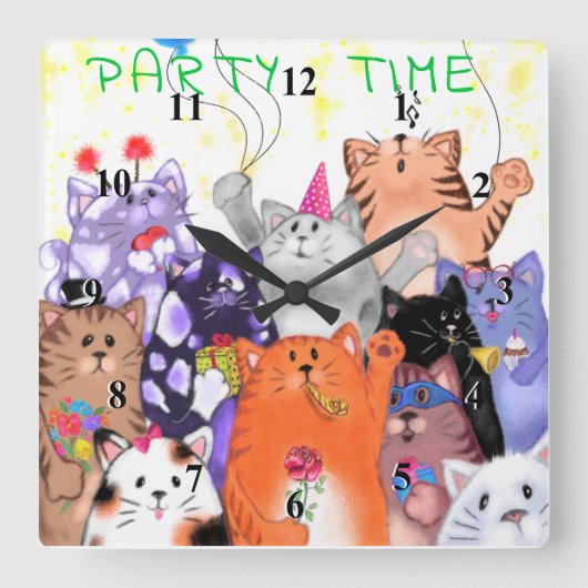 Happy Cat Party Cartoon Tekening - Cute Funny Cats Vierkante Klok (Voorkant)