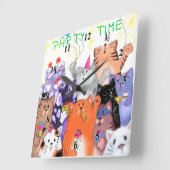 Happy Cat Party Cartoon Tekening - Cute Funny Cats Vierkante Klok (Hoek)