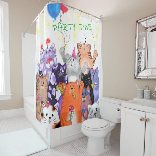 Happy Cat Party Shower Curtain - Funny Douchegordijn (In situ)
