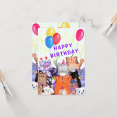 Happy Cat Party Verjaardag Kaart (Voorkant / Achterkant in situ)