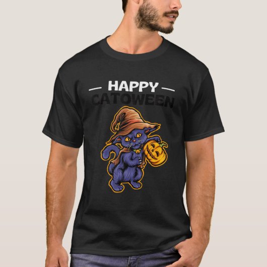 Happy Catoween Meoween Halloween Cat Pumpkin Funny T-shirt (Voorkant)