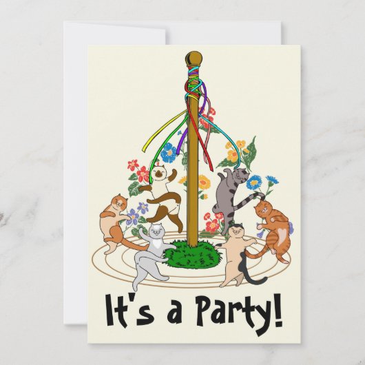 Happy Cats Dancing Around Maypole Party Invitation Feestdagenkaart (Voorkant)