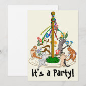 Happy Cats Dancing Around Maypole Party Invitation Feestdagenkaart (Voorkant / Achterkant)