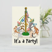 Happy Cats Dancing Around Maypole Party Invitation Feestdagenkaart (Staand voorkant)