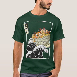 Happy Cats Eating Ramen Surfing Kanagawa Wave Kawa T-shirt