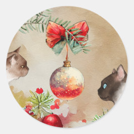 Happy Cats, Waterverf Ornament en Pine Kerstmis Ronde Sticker