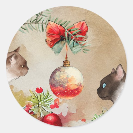 Happy Cats, Waterverf Ornament en Pine Kerstmis Ronde Sticker (Voorkant)