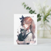 Happy Caturday Girl die haar kat-Waterverf vasthou Briefkaart (Staand voorkant)