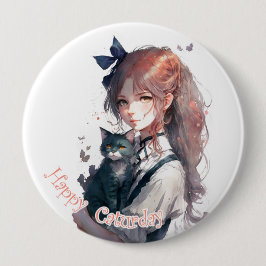Happy Caturday Girl die haar kat-Waterverf vasthou Ronde Button 4,0 Cm
