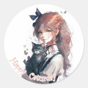 Happy Caturday Girl die haar kat-Waterverf vasthou Ronde Sticker