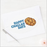 Happy Challah Days Feestdagen Hanukkah Chanukah Ovale Sticker<br><div class="desc">Design heeft een originele illustratie van een brood gevlochten challahbrood, met HAPPY CHALLAH DAYS in een leuk lettertype. Ideaal voor het vieren van Chanoeka en de joodse feestdagen. Dit ontwerp is ook beschikbaar op andere producten. Ook zijn er tal van extra food thema illustraties verkrijgbaar bij deze winkel. Zie je...</div>