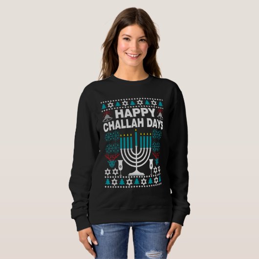 Happy Challah Days Ugly Hanukkah Sweater Men Boy (Voorkant volledig)