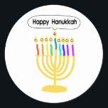 Happy Channukah Menora / Chanukia Ronde Sticker<br><div class="desc">hanuka,  hannuka,  hannukah,  hanukah,  hanukkah,  hanukkah,  chanuka,  channuka,  channukah,  channukah,  channukkah,  chanukkah,  chanukkah chanukia,  chanukia,  hanukia,  hanukkia,  menora,  menorra,  vakantie,  feestdagen,  joods,  judaisme,  " happy ukkah",  gelukkig gezicht",  candelabra, </div>