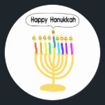 Happy Channukah Menora / Chanukia Ronde Sticker<br><div class="desc">hanuka,  hannuka,  hannukah,  hanukah,  hanukkah,  hanukkah,  chanuka,  channuka,  channukah,  channukah,  channukkah,  chanukkah,  chanukkah chanukia,  chanukia,  hanukia,  hanukkia,  menora,  menorra,  vakantie,  feestdagen,  joods,  judaisme,  " happy ukkah",  gelukkig gezicht",  candelabra, </div>