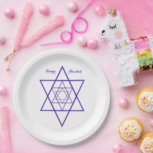 Happy Chanoeka / Chanoeka in blauw en wit Papieren Bordje (Feest)