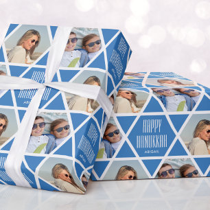 Happy Chanoeka Custom Naam Foto's Star Blue Cadeaupapier