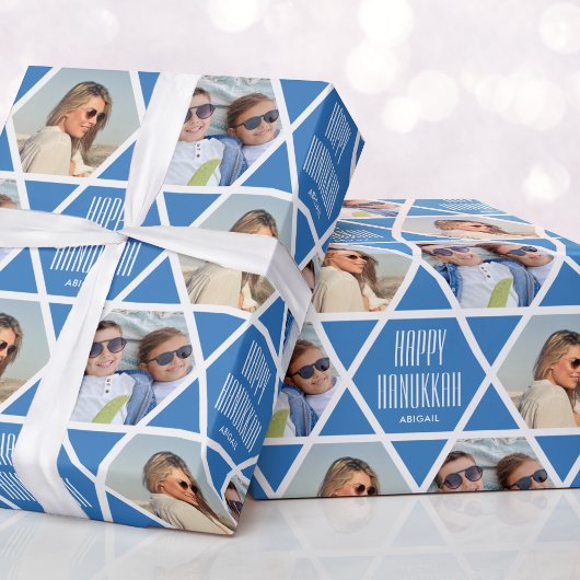 Happy Chanoeka Custom Naam Foto's Star Blue Cadeaupapier
