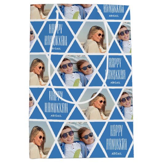 Happy Chanoeka Custom Naam Foto's Star Blue Medium Cadeauzakje (Voorkant)