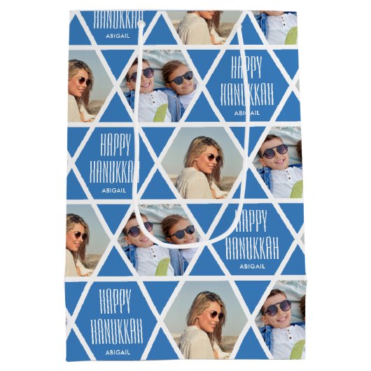 Happy Chanoeka Custom Naam Foto's Star Blue Medium Cadeauzakje (Achterkant)