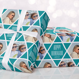 Happy Chanoeka Custom Naam Foto's Star Green Cadeaupapier