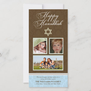 Happy Chanoeka Damask Holiday PhotoCard (blauw) Feestdagenkaart