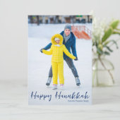Happy Chanoeka foto Trendy Verticaal Blauw Script Feestdagenkaart (Staand voorkant)
