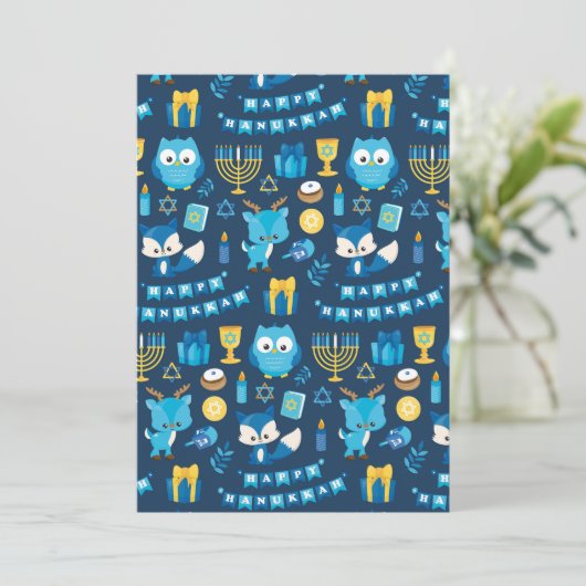 Happy Chanoeka Menorah Sufganiyot Schattige Uil Bl Feestdagenkaart (Staand voorkant)