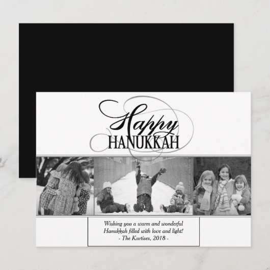 Happy Chanoeka | Modern Script Zwart Wit 3 Foto Feestdagenkaart (Voorkant / Achterkant)