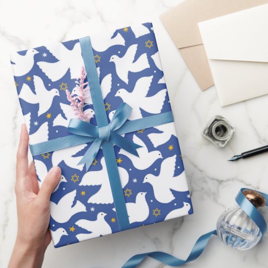 Happy Chanoeka Star van David Dove Wit Blauw Cadeaupapier (Geschenken)