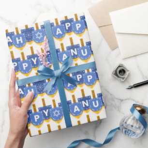 Happy Chanoeka Star van David Snowflakes Wit Blauw Cadeaupapier