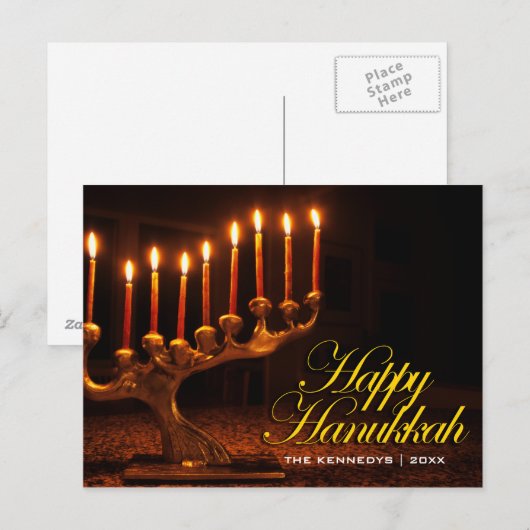 Happy Chanoeka - Verlichte Negen Kaars Menorah Feestdagenkaart (Voorkant / Achterkant)